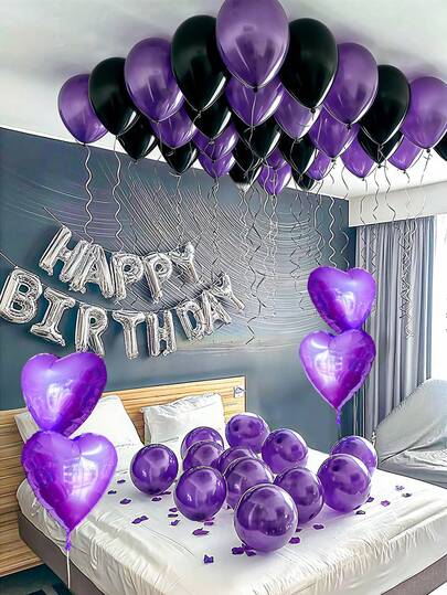 54pcs Black & Purple Balloon Set - 16" Silver "Happy Birthday" Letter Balloons & Black Purple Latex Balloons, Purple Heart Foil Balloon, Happy Birthday English Letter Foil Balloons, Suitable For Birthday Party, Men & Women Party Decoration, Romantic Surprise Party Decorative Balloons
