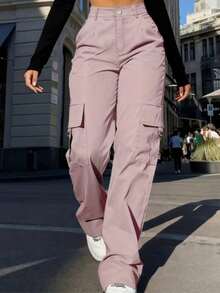 New Women's Straight Leg Cargo Pants, High Waist Loose Slimming Wide Leg Yoga Pants With Sexy Oblique Pockets And Flap Pockets, Spring Autumn Women Clothing Sports - Pink - View 1