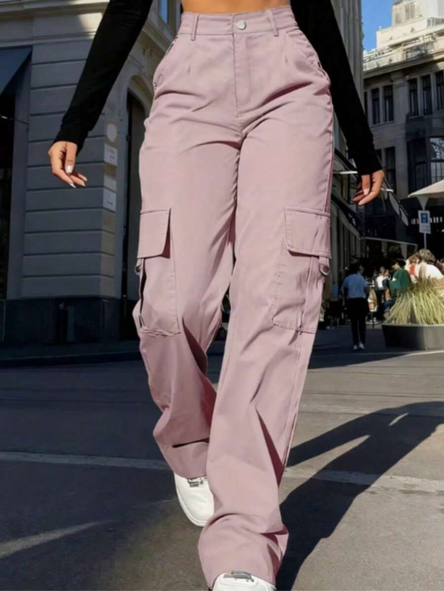 New Women's Straight Leg Cargo Pants, High Waist Loose Slimming Wide Leg Yoga Pants With Sexy Oblique Pockets And Flap Pockets, Spring Autumn Women Clothing Sports - Pink - View 1