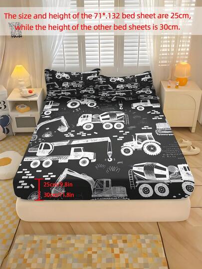 2/3PCS Home Bed Sheet Set, White Engineering Car Pattern Bedding Set, Polyester Material, Digital Printing, Full Surround, Elastic Design Gift, Youth Festival, Four Season Bedroom Decoration