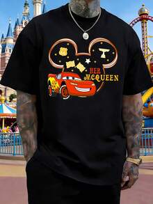 Disney Cars Lightning McQueen Mickey Mouse Head Design T-Shirt, Casual Loose Crew Neck Men's Short-Sleeved Top, Couple's Style, Suitable For Outings, Outdoor Sports, Parties, Dates, And More Men Clothes. - Black - View 1