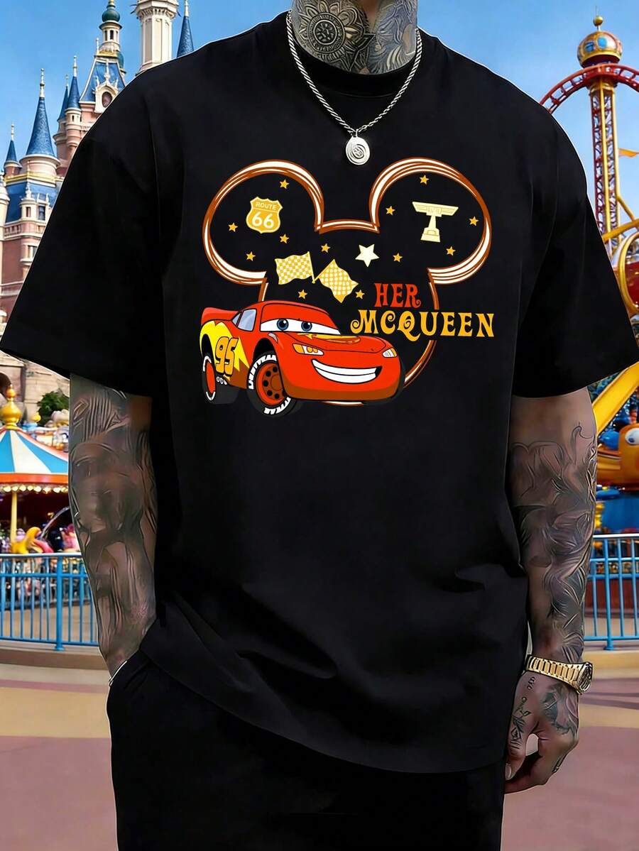 Disney Cars Lightning McQueen Mickey Mouse Head Design T-Shirt, Casual Loose Crew Neck Men's Short-Sleeved Top, Couple's Style, Suitable For Outings, Outdoor Sports, Parties, Dates, And More Men Clothes. - Black - View 1