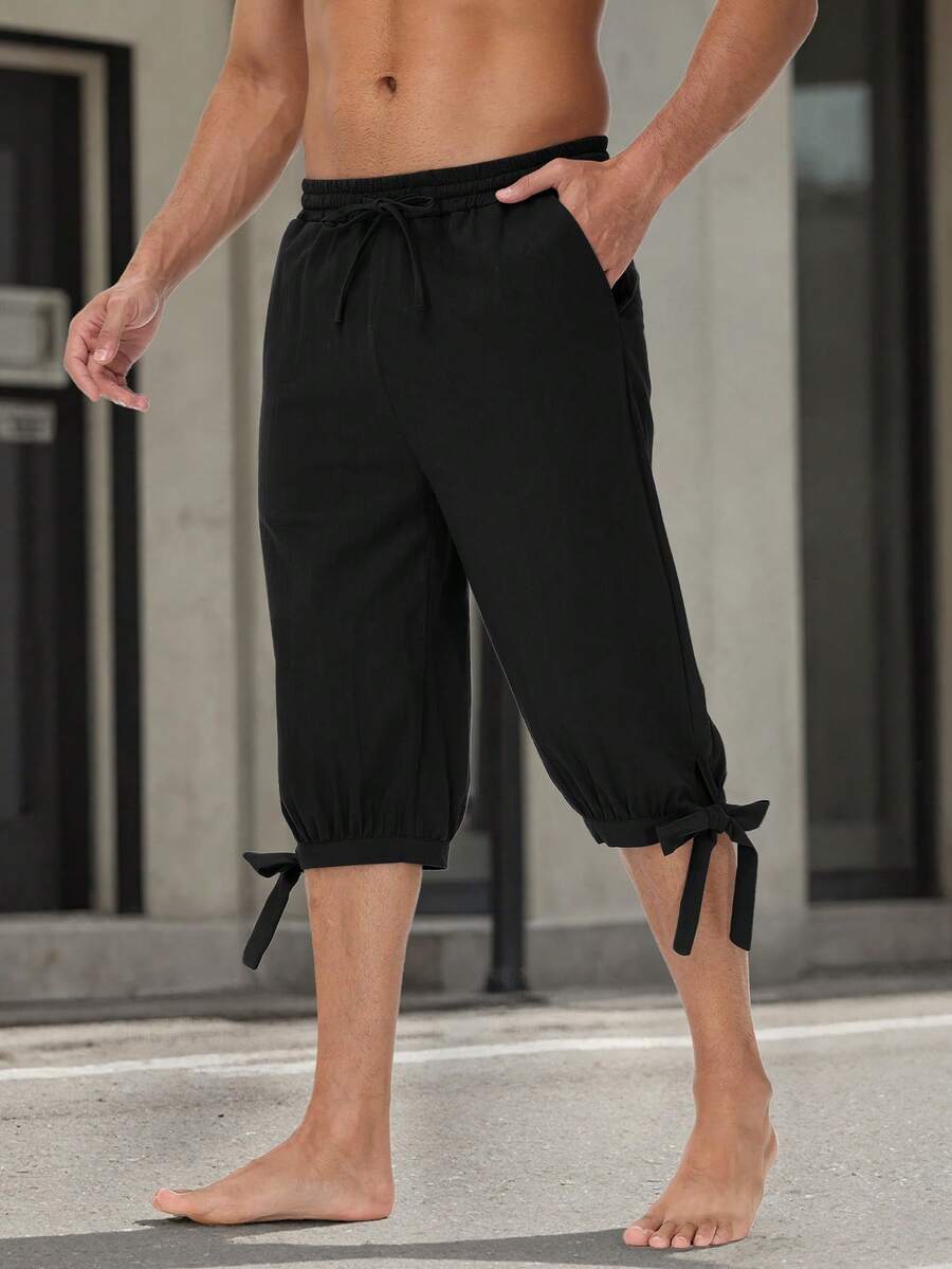 Men's Pirate Pants Costume, Medieval Knee-Length Shorts - Black - View 1