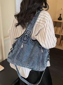 1pc Blue Minimalist Large Capacity Shoulder Tote Bag, Suitable For Outings, Travel, Vacation, Fits Textbooks, Laptops, Clothes - Navy Blue - View 5