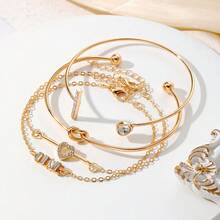 4件套奢华金属水钻心形链手链及手镯套装，时尚简约优雅个性化高端设计珠宝配饰 - 金黃色 - 查看 4