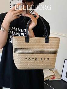 Túi tote bằng rơm dung tích lớn, túi đeo vai thanh lịch tối giản, thích hợp cho kỳ nghỉ của phụ nữ. - màu đen - Xem 3