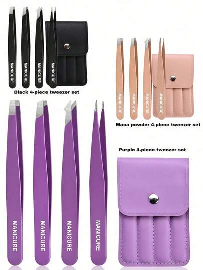 4pcs/Set Stainless Steel Colorful Tweezers Set, High Precision Portable Eyebrow & Hair Removal Tools, Makeup Beauty Tools, Available In Purple, Pink And Black (1pc/4pcs Set). Due To Different Production Batches, The Protective Pad Position In The Packaging Bag Is Random, Which Does Not Affect The Use. Affordable Price, Suitable As Christmas Gifts, Cosmetics, And Makeup Tools.