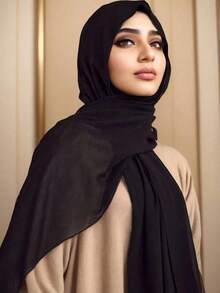 2pcs Women Scarf Tie Headband Set, Versatile Undershirt Cap Combo, Hijab Middle East Abaya Accessory, Elastic Chiffon Scarf & Cap Casual Outfit - Black - View 2