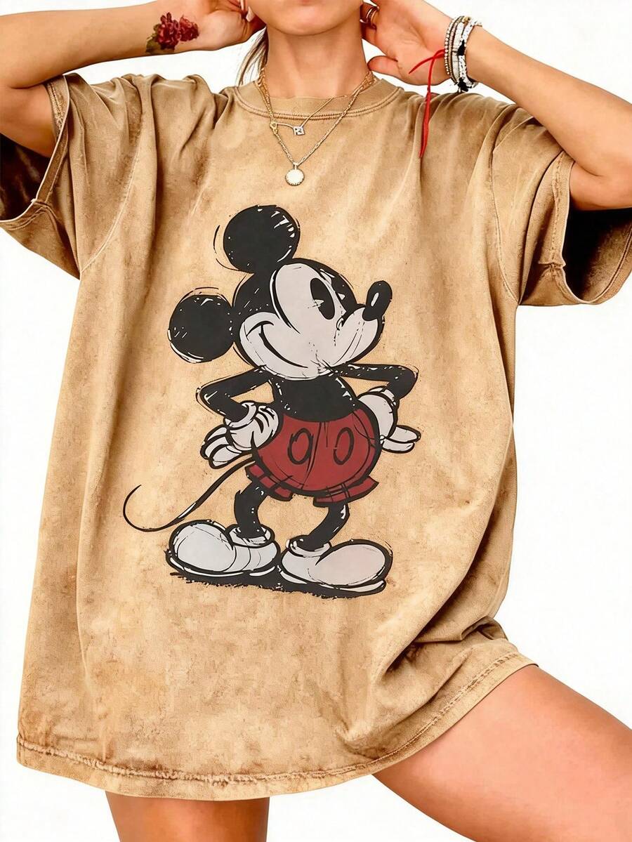 Disney UNIHLO   Mickey   Printed Summer Heavyweight Retro Washed Street Fashion Casual T-Shirt - 咖啡棕 - 查看 1