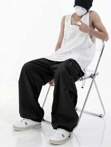 Plus Size Men's Cargo Wide Leg Pants, Multi-Pocket Functional Loose Tapered Streetwear Casual Trousers - Black - View 5