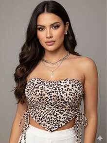 Women's Cropped Top With Band And Tie With Suplex Cup Strapless Blogueirinha One Size - Fits Sizes 36 To 42 - 豹 - 查看 1