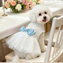 Robe de fête en maille 3D rose avec nœud blanc décoratif, robe de princesse assortie pour chats et petits/moyens chiens - Bleu ciel - Voir 9