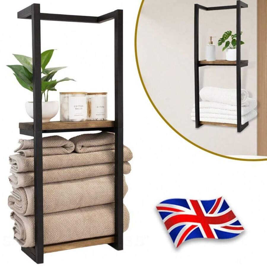 Wall Mounted Towel Rack Metal Storage Shelf Holder Rail-Bathroom Organizer Black - Black - View 1