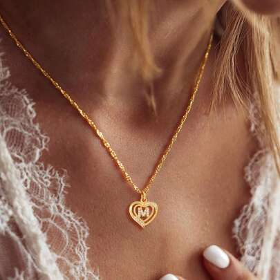 1pc Simple Fashion Heart Initial Pendants Golden Stainless Steel Water Wave Chain Necklace For Women