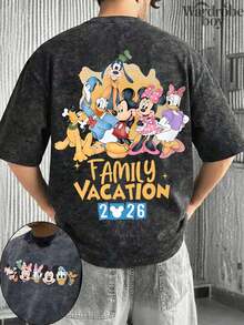 Disney Printed Wash Water T-Shirt,2026 Family Vacation T-Shirt, Mickey And Friends Double-Sided Design, A Party Gift Full Of Magical Holiday Memories,Unisex,High-Quality Pure Cotton T-Shirt,Suitable For All Seasons, Comfortable And Breathable| Exquisite Design | The Best Choice For Giving Gifts - 黑色 - 查看 1
