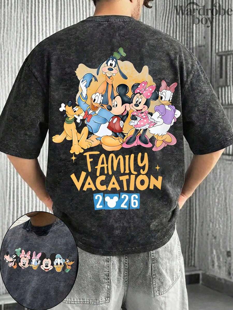 Disney Printed Wash Water T-Shirt,2026 Family Vacation T-Shirt, Mickey And Friends Double-Sided Design, A Party Gift Full Of Magical Holiday Memories,Unisex,High-Quality Pure Cotton T-Shirt,Suitable For All Seasons, Comfortable And Breathable| Exquisite Design | The Best Choice For Giving Gifts - 黑色 - 查看 1