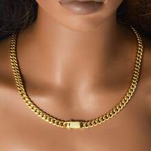 1pc 18K Gold Plated Stainless Steel 60cm Cubic Zirconia Square Clasp Cuban Link Chain Necklace, Luxury Elegant Daily Wear, Party & Street Fashion For Men - Gold - View 3