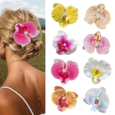 8pcs/Set Women's Hawaiian Beach Party Hair Clips, Faux Flower & Butterfly Orchid Decor, Wedding & Holiday Accessories