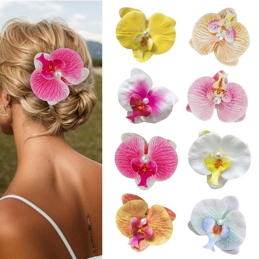 Bộ 8 kẹp tóc dự tiệc bãi biển Hawaii dành cho nữ, trang trí hoa lan giả và bướm, phụ kiện tóc cho đám cưới và lễ hội, kẹp tóc dạng càng cua, kẹp tóc cài, ghim cài tóc. - 8 bông hoa dâm bụt - Xem 1