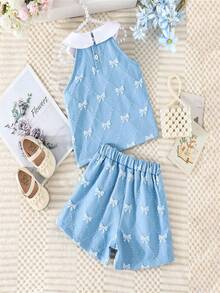 Conjunto de 2 piezas para niñas con blusa sin mangas con cuello + shorts con lazo, color azul claro, lindo y dulce - Azul menta - Ver 2