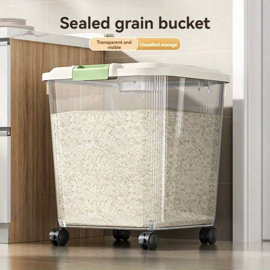 Multifunctional Grain Storage Bucket, With Roller For Easy Movement, With Grain Cup For Easy Access - Transparent [30 Catties ] + Universal Wheel + Measuring Cup - View 1