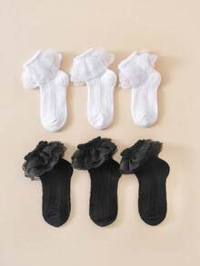 6 Pairs Cotton Children/Teens Girls' Black & White Double Ruffle Trim Mid-Calf Socks, Casual & Dance Socks For All Seasons - Black and White - View 3