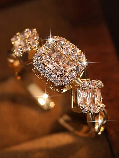 1 adet Zarif Geometrik Kare Zincir Açılabilir Yüzük, Çok Yönlü Kübik Zirkon Taşlı Parlak Nişan Yüzüğü, Kadınlar İçin Doğum Günü, Tatil, Seyahat Dekorasyonu, Anneler Günü İçin Bakır Takı Hediye