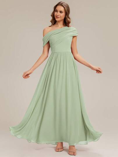 Elegant Chiffon Asymmetrical Neck Bridesmaid Dress Long Gown For Parties