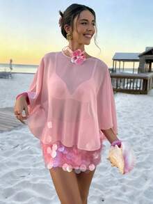 Bộ đồ nữ mùa xuân/hè tay cánh dơi cổ chữ V đính sequin, size tiêu chuẩn, màu hồng, thích hợp cho kỳ nghỉ. - Hồng - Xem 2