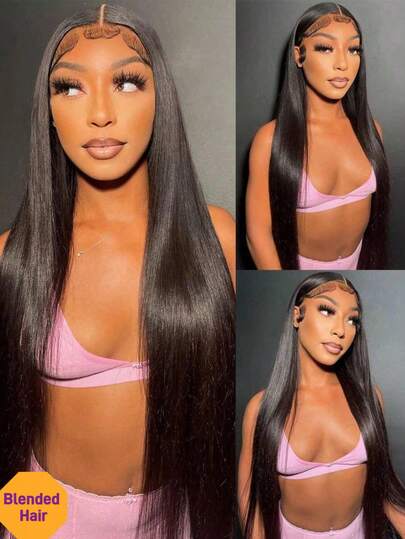 13x4 Straight Lace Frontal Wigs For Women Transparent HD Lace Front Pre Plucked 180% Density Short Bob Straight Hair Heat Resistant Synthetic Mixed Human Blended Hair Wig Baby Hair Around Natural Black