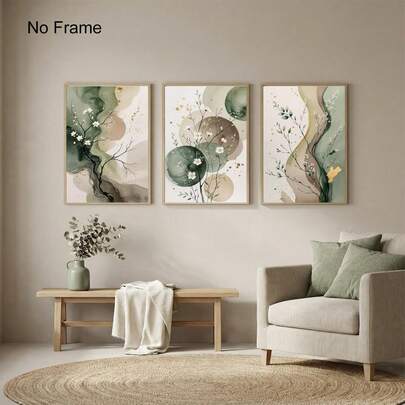 Japandi Watercolor Botanical Print Set Of 3, Sage Green Abstract Floral Art, Sage Green Beige Wall Art, Abstract Botanical Print Poster, Abstract Floral Japandi Prints, Minimal Sage Green Wall Decor, No Frame