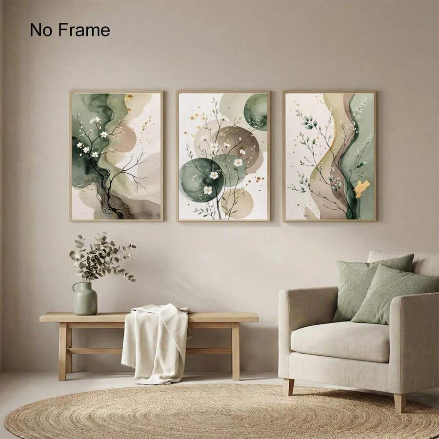 日本风水彩植物印花三件套,鼠尾草绿抽象花卉艺术画,鼠尾草绿米色墙饰,抽象植物印花海报,抽象花卉日本风印花,简约鼠尾草绿墙面装饰,无框 - 花 - 查看 1