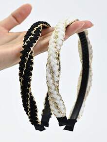 1条女士黑金线编织发带，优雅秋冬编织发带，略微凸起的皇冠设计使脸型看起来更小，适合日常佩戴、派对和晚宴。 - 白色 - 查看 1