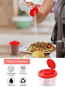 3 piezas Tarros de especias de plástico con tapas abatibles rojas y tapas tamizadoras, Juego de salero y pimentero mini, Adecuado para camping, viajes, picnics, loncheras - Rojo - Ver 4
