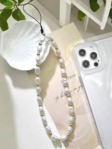 奢华珍珠元素 1 件巴洛克仿珍珠手机挂绳椭圆形仿珍珠间隔手机链复古优雅小众设计手机挂饰手机带礼物送给母亲、家人、朋友生日、节日、春季周年纪念日 - 白色 - 查看 6