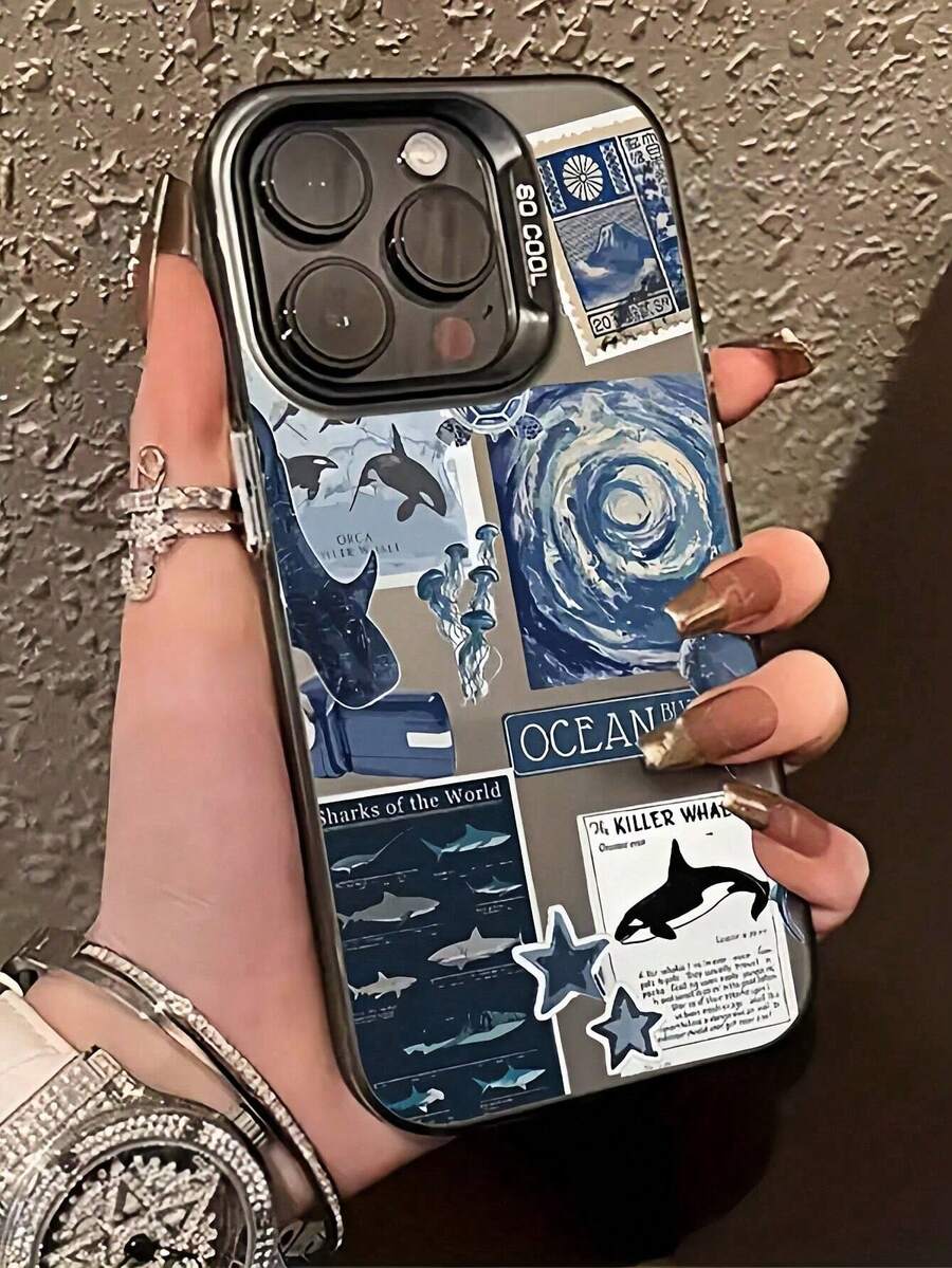 1pc Personalized Ocean Elements Whale, Jellyfish, Turtle Collage Aesthetic Pattern Full Coverage TPU Anti-Fingerprint Phone Case Compatible With IPhone 17 Pro Max/17 Pro/16 Pro Max/16/16 Pro/16 Plus/11/15/15 Pro/15 Pro Max/12/13/14 Pro Max/XS/XR/11 Pro/11 Pro Max/12 Pro/12 Pro Max/13 Pro/13 Pro Max/7 Plus/14 Pro/14 Pro Max/14 Plus/7 Plus/8 Plus/8/SE2/12 Mini/13 Mini, Anti-Yellowing - Multicolor - View 1