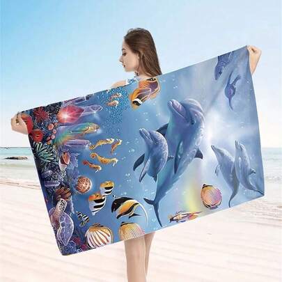 1条海洋动物印花速干沙滩巾，柔软舒适，男女通用，沙滩必备