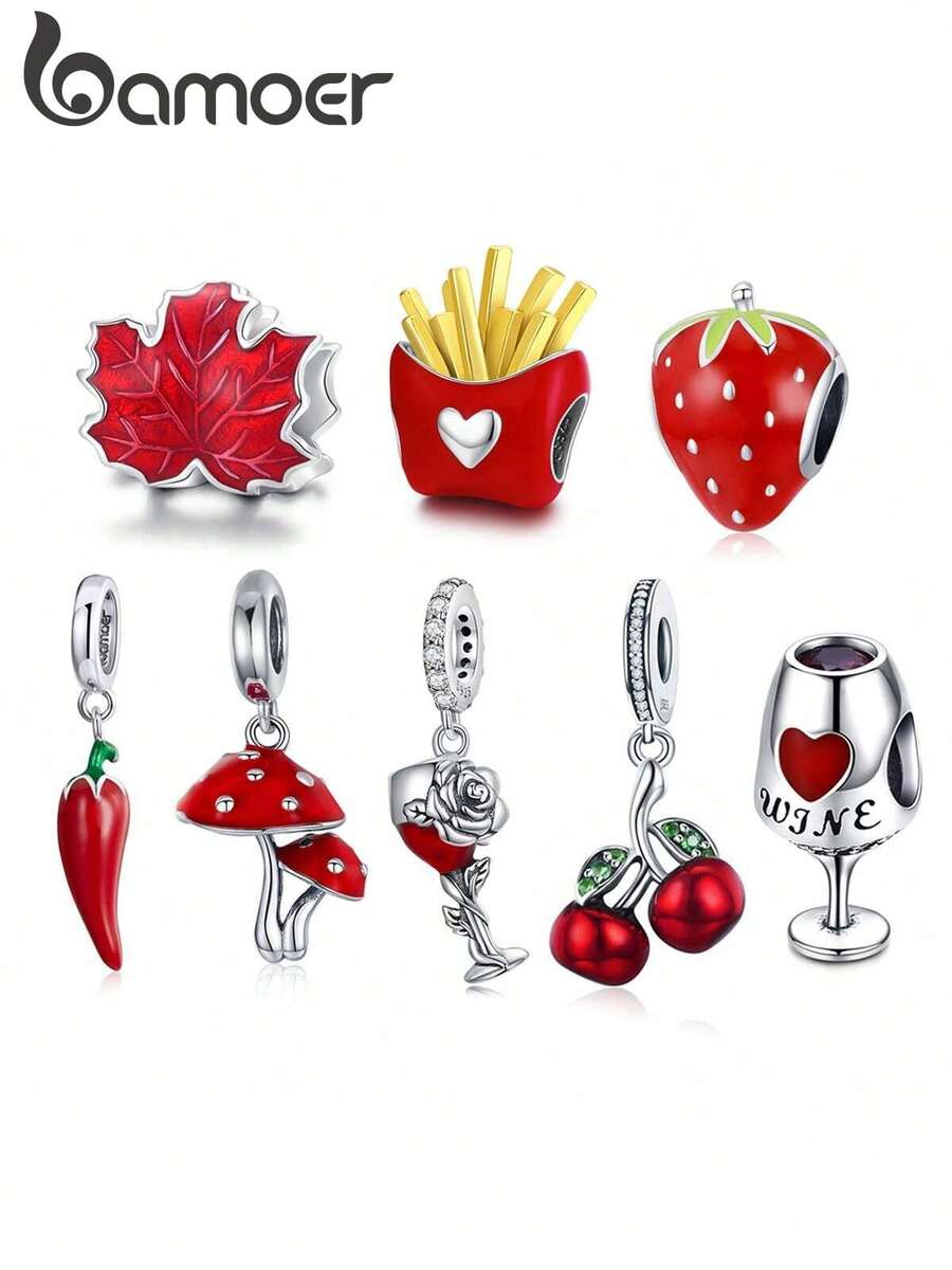 bamoer 1pc 925 Sterling Silver Red Chili Maple Leaf, Cherry Bead, Lucky Wine Glass Pendant, Suitable For Women Bracelet DIY, Exquisite Jewelry Gift