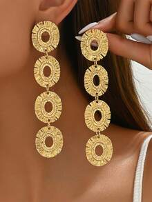 1 Pair Oval Multi-Layer Alloy Dangle Earrings For Women, Vintage Fashionable Metal Stainless Steel Long Drop Earrings, Suitable For Daily Wear And Party Occasions - Yellow Gold - View 8