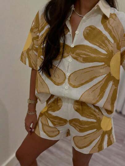 2pcs/Set Green Floral Print Short Sleeve Top And Shorts, Casual Bohemian Holiday Outfit, Spring/Summer