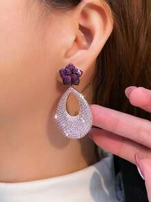 1 Pair Statement Luxury Pink Cubic Zirconia Pave Flower Drop Long Bold Engagement Wedding Bridal Party Earrings For Women Jewelry - Pink - View 4
