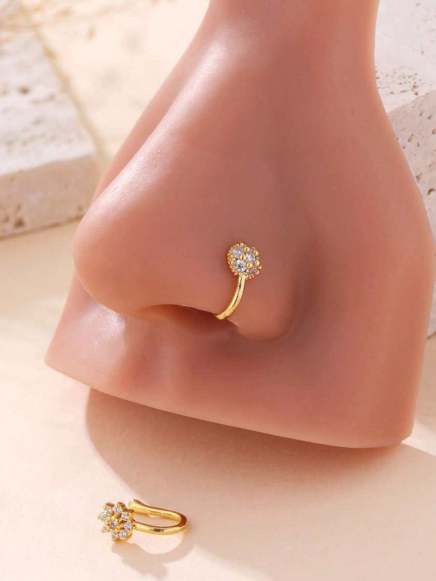 2件装女士时尚简约百搭性感无耳洞U型铜镶嵌合成锆石花瓣鼻夹鼻钉鼻环，生日派对礼物 - 金色 - 查看 1