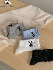 Combed Cotton Bow Tie Crew Socks, Rhinestone Ribbed Socks, 1/3/5 Pairs Cute Girl Socks - Multicolor - View 3