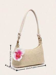 女士腋下斜挎包，方形，PU绳花朵吊坠，大容量，轻便，休闲时尚海滩度假风，适合购物和度假，沙滩包，假日包 - 米色 - 查看 7