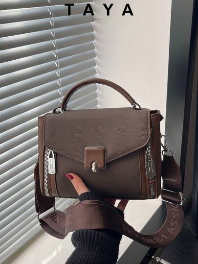 1 ชิ้น กระเป๋าถือแฟชั่นมินิมอลสีพื้นตกแต่งซิปทรงสี่เหลี่ยมมีฝาพับ เหมาะสำหรับงานปาร์ตี้, ออกนอกบ้าน, วันหยุด, ช้อปปิ้ง และใช้ในชีวิตประจำวัน, สามารถเก็บเหรียญ, โทรศัพท์, ยังเหมาะเป็นกระเป๋าเดินทางสำหรับสาวออฟฟิศ, นักศึกษามหาวิทยาลัย และผู้หญิงวัยทำงาน, เป็นตัวเลือกที่เหมาะสำหรับสุภาพสตรีที่สง่างาม