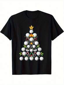Product Image: Plus Size Women's/Men's Christmas Tree T-Shirt, Layered Spherical Design, Red And White Striped Pattern, Soft And Breathable, Paired With Black Shorts. - Black - View 1