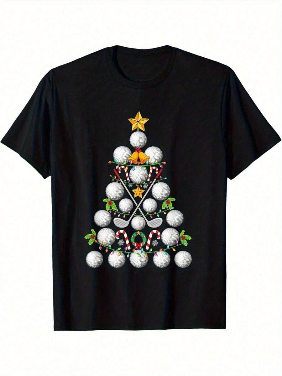 Product Image: Plus Size Women's/Men's Christmas Tree T-Shirt, Layered Spherical Design, Red And White Striped Pattern, Soft And Breathable, Paired With Black Shorts. - Black - View 1