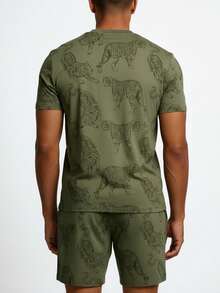 Men's Lightweight Summer Tiger Print Short Sleeve & Shorts Pajama Set, Stylish Home Wear - Army Green - View 5