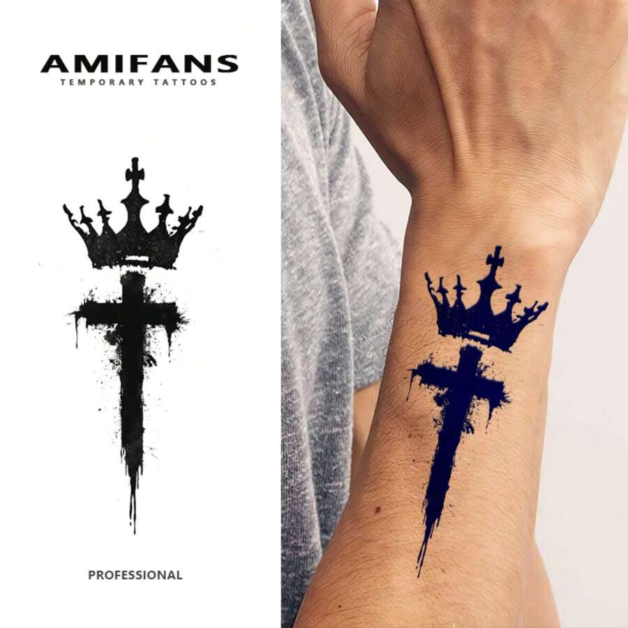 AMIFANS Temporary Tattoo Splatter Crown Cross, Semi Permanent Tattoo,Lasting 1-2 Weeks Tattoo, Long Lasting Tattoo, Juice Tattoo, Realistic Tattoo, Romantic Tattoo, Fake Tattoo, Waterproof, Authentic Tattoo Look, Niche Design Tattoo, Fruit Tattoo, Plant-Based Tattoo - Black - View 1