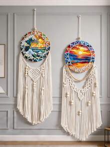 1 pièce Décoration murale décorative de style bohème avec motif vague océan coucher de soleil coloré, attrape-rêves rond avec design géométrique, détails de franges et de perles. Déclaration artistique pour la chambre à coucher, le salon, l'appartement, le dortoir, la maison de plage, la salle de méditation, le studio de yoga, l'entrée, la décoration intérieure de la maison - Multicolore - Voir 7